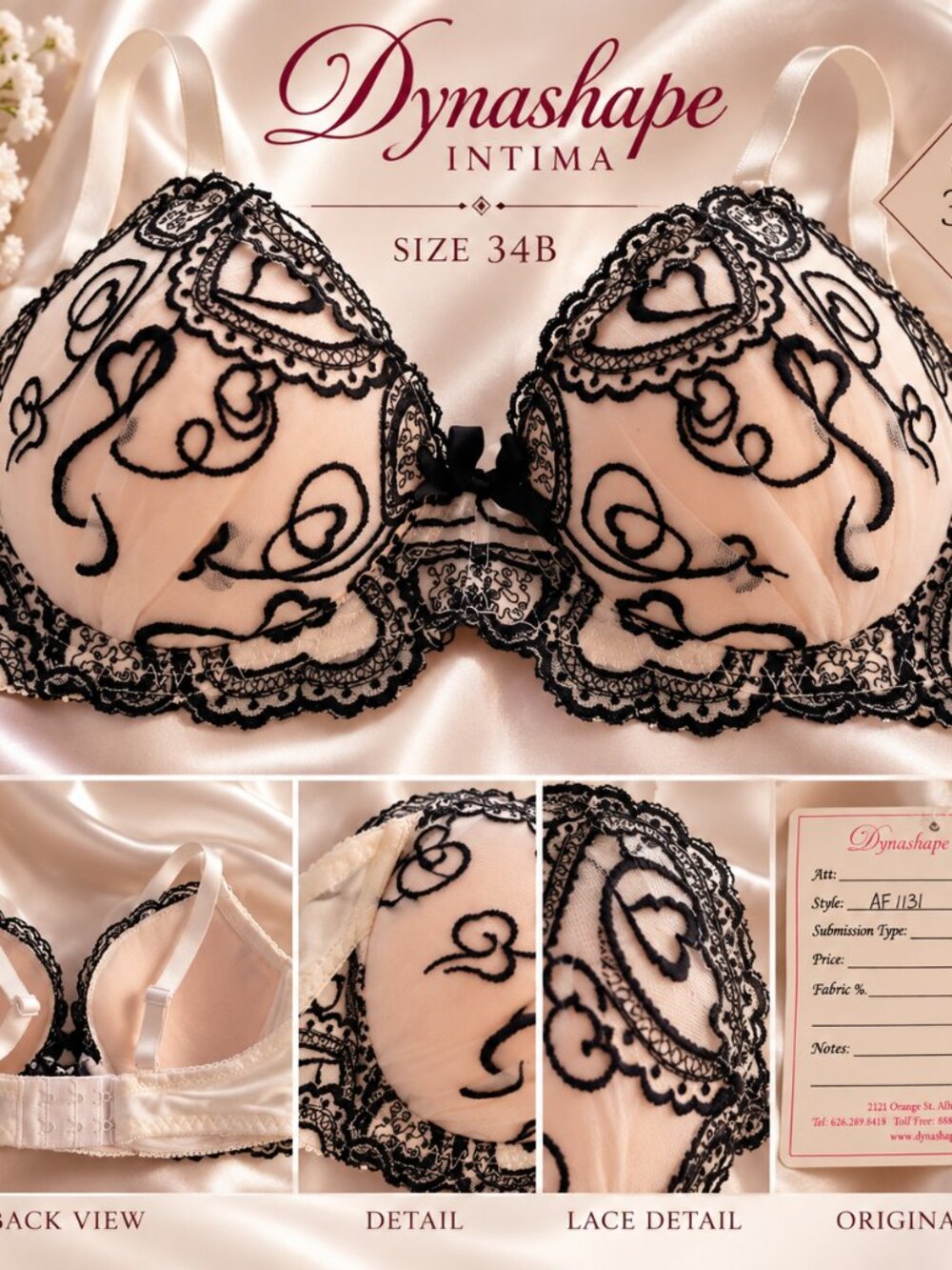 Dynashape Intima 34B Nude Black Lace Heart Print Bra